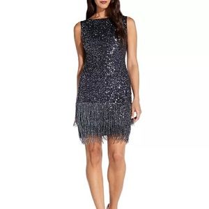 Adrianna Papell Beaded Fringe Cocktail Dress Black